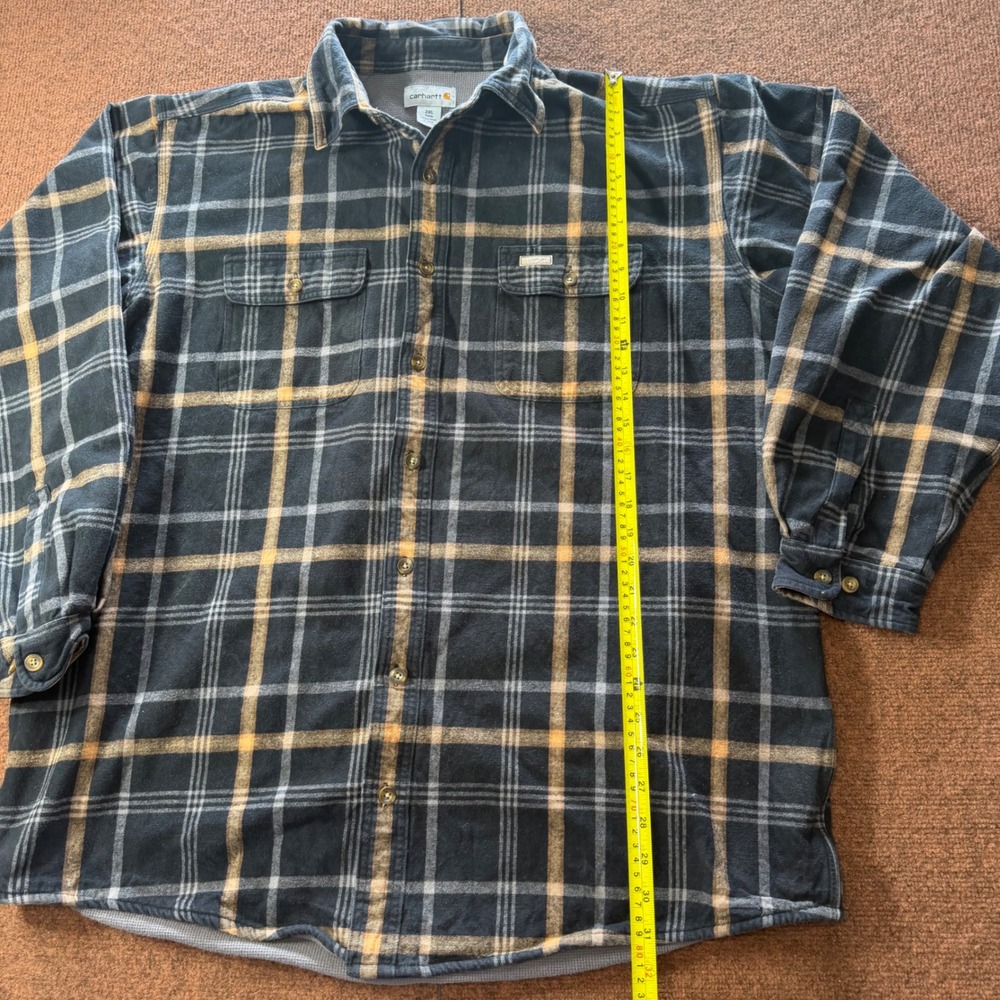 Carhartt Mens 2XL Tall Plaid Flannel Shirt Black Tan Long Sleeve Workwear Cotton - Picture 3 of 10